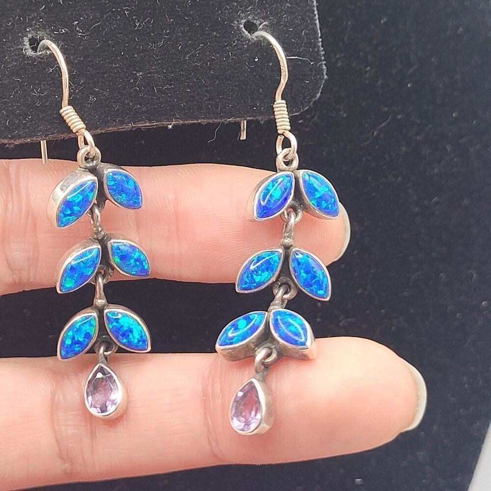 Artisan Sterling Silver Opal Amethyst Leaf Cluster Dangle Drop Earrings 2.5in - Picture 5 of 6